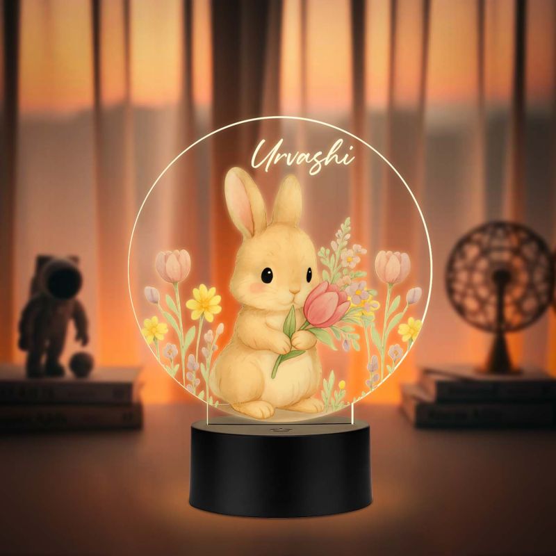 Personalized Cute Rabbit UV Print 3D LED Night Lamp – Warm White Birthday Return Bunny Theme Gift for Kids